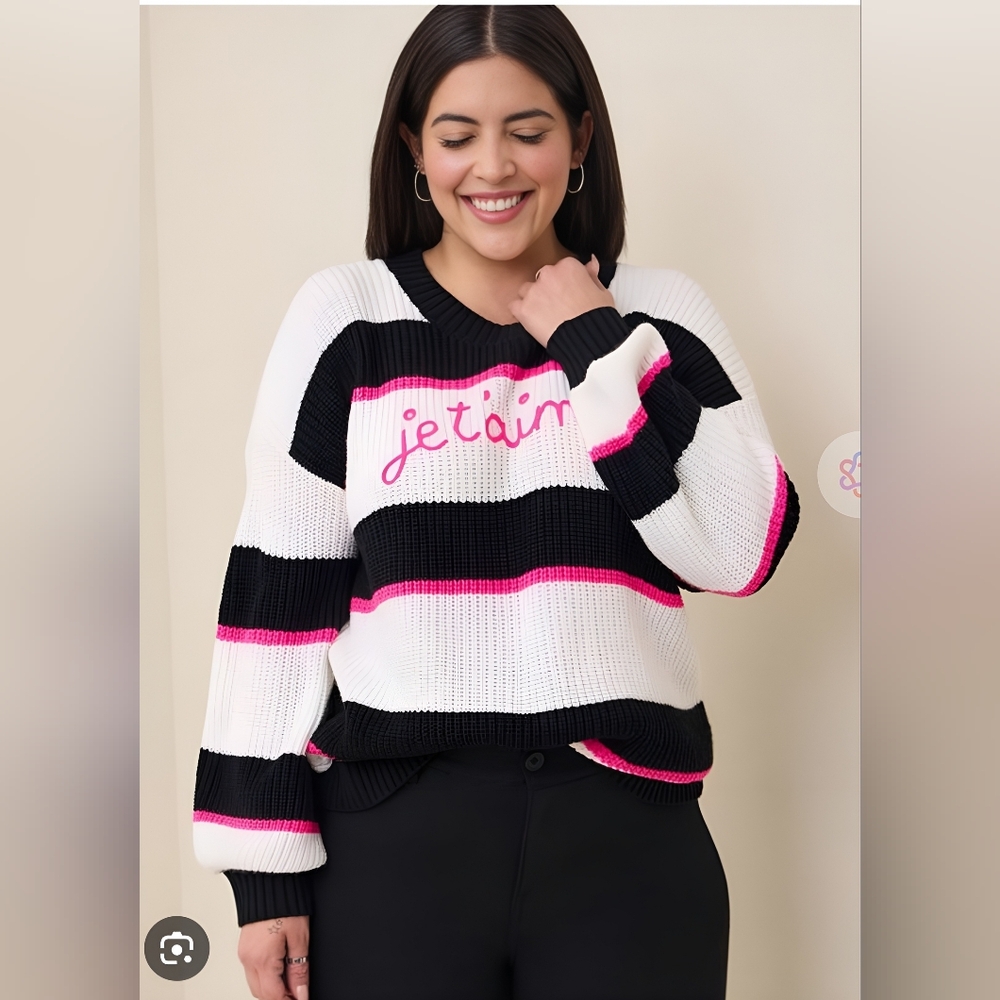 Torrid Black, White, and Pink Drop Shoulder Je T'aime Sweater